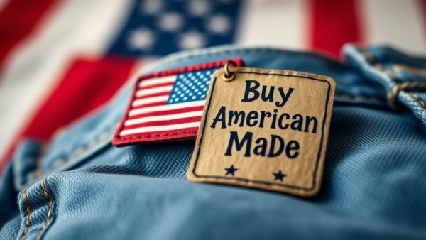 Blue denim jeans with 'Buy American Made' tags against U.S. flag background.