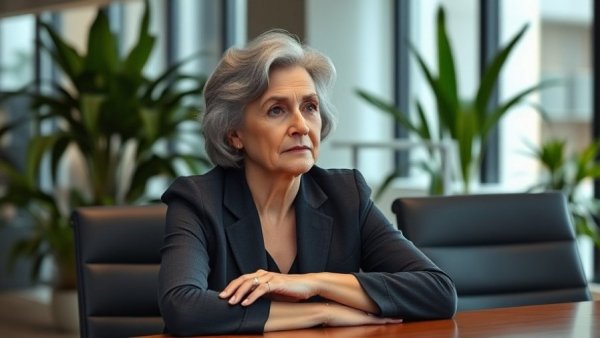 Older woman attentively sitting at a conference table, modern office.
