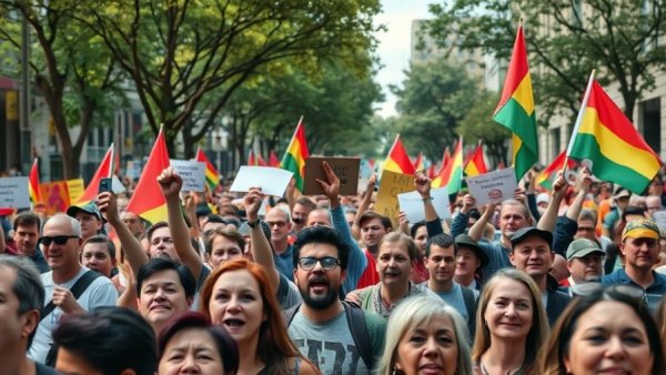 Colombians rally energetically, carrying banners and flags, in an urban setting.
