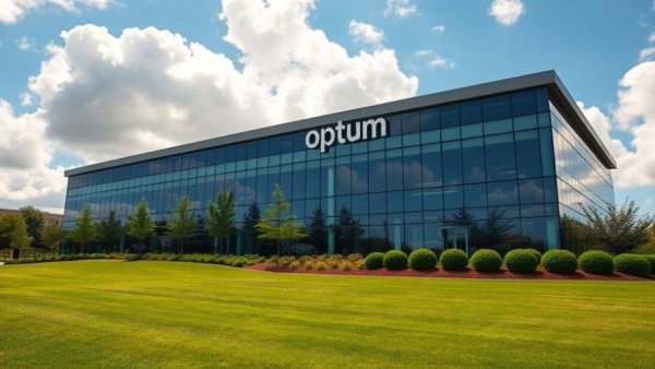 Optum office building with prominent sign and grassy landscape.