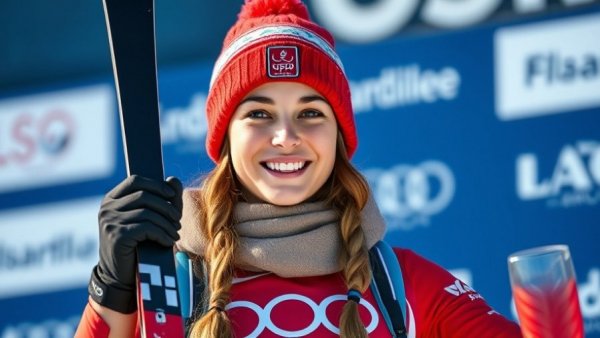 Female skier celebrating victory on World Cup podium.