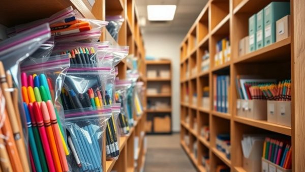 Classroom storage with school supplies in a Texas school.