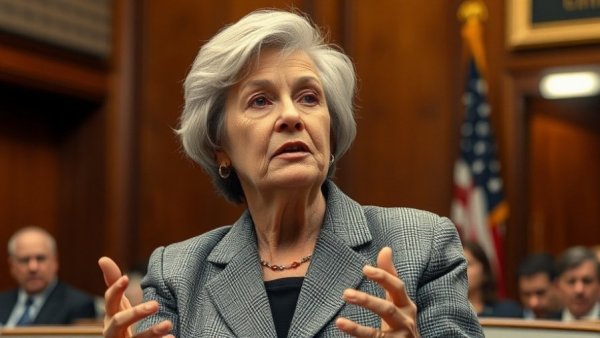 Elderly woman discusses government shutdown in formal setting.