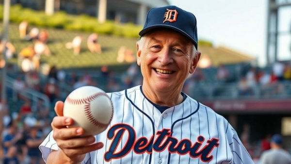 Detroit Tigers hero in uniform holding a baseball and smiling.