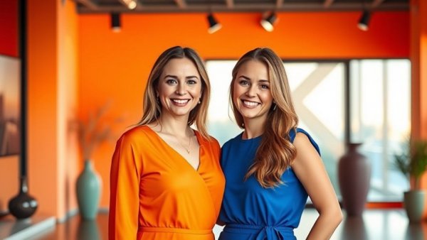 Women smiling together in a studio, vibrant attire.