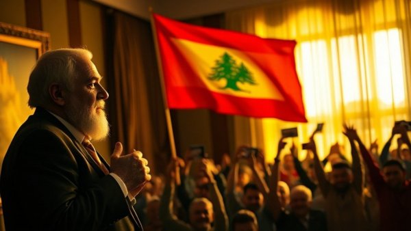 Discussion on disarm Hezbollah featuring speaker and flag