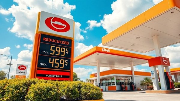 Gas station with digital sign showing Midwest gas prices decline.