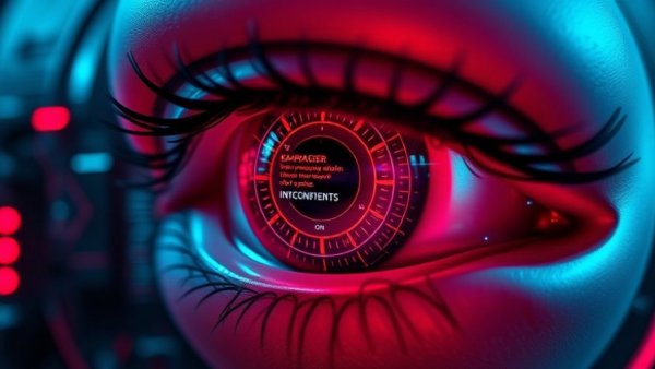 Futuristic digital eye graphic with radar and error messages, sci-fi style.