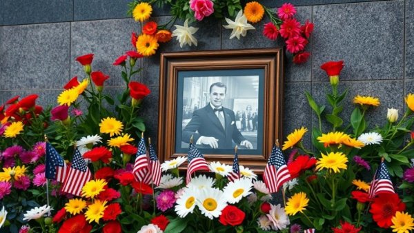 Memorial setup with photo of an individual, flowers, and flags, honoring memory.