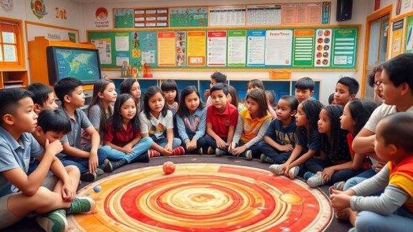 Texas private school classroom of attentive students on a colorful carpet.