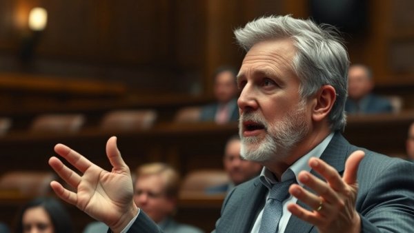 Politician addressing healthcare crisis in America in legislative chamber.