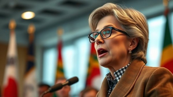 Censorship in Europe; woman passionately speaking indoors with flags in the background.