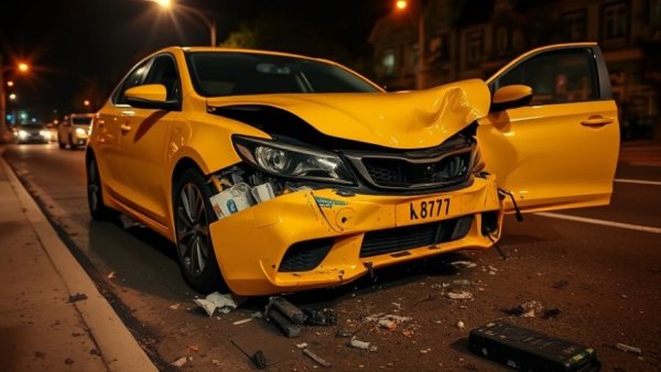 Yellow car wrecked after crashing into parked VIA bus at night.