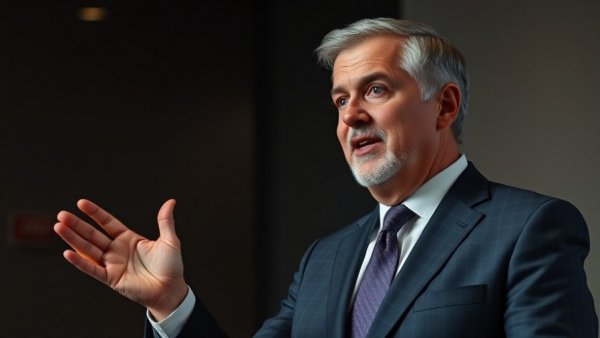 Mature man gesturing during speech in formal setting, related to Austin city council efficiency audit.