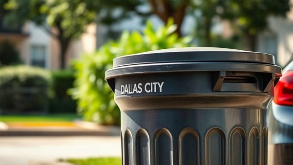 Dallas city trash bin with 'Trash Pickup Changes' news banner.