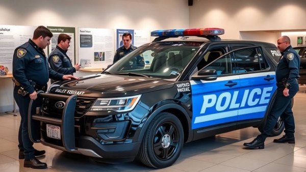Police officers inspect bullet-resistant glass on patrol car.