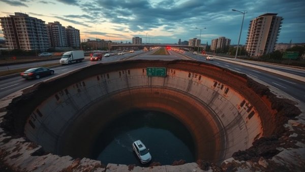 Massive sinkhole I-10 East Houston causing traffic disruption.