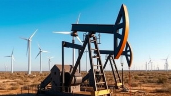 Texas oil pumpjack and wind turbines illustrating energy shift.