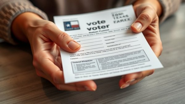 Detailed view of Texas voter registration form held by hands, illustrating delays.