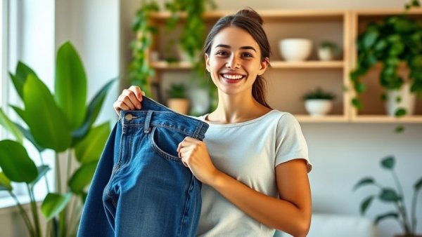 Smiling woman shows weight loss benefits of an unprocessed diet.