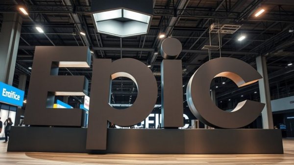 Epic logo at a healthcare exhibition showcasing AI charting tool.