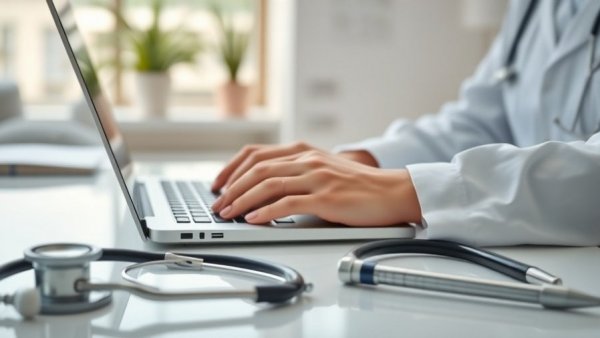 Primary Care Physicians EHR Work: typing on laptop with stethoscope.
