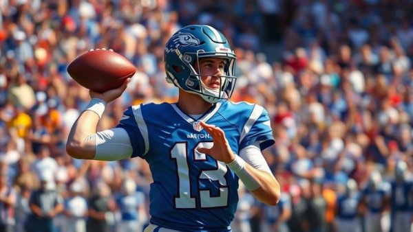 NFL player in action, preparing to throw in a crowded stadium.