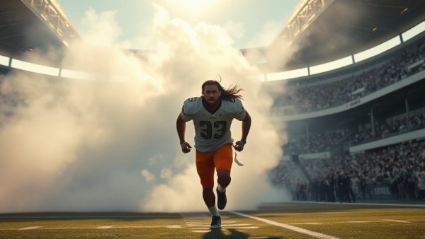 NFL Defensive Rookie of the Year candidate running onto the field energetically.