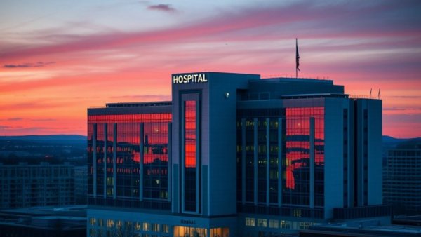 Texas hospital building at dusk, reflective facade.