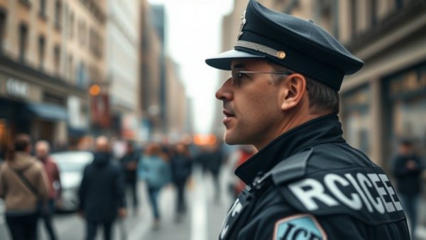 Officer with ICE vest and woman speaking, immigration cooperation with ICE.