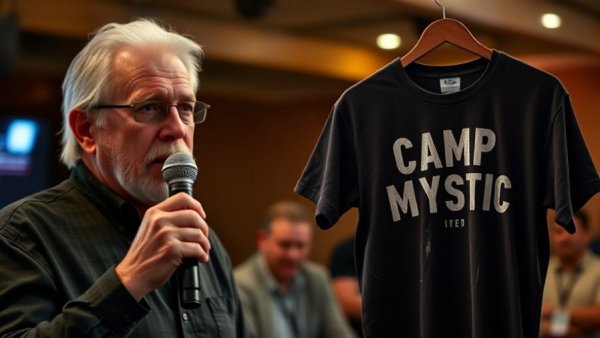 Trump breaking news today featuring older male speaking and Camp Mystic t-shirt.