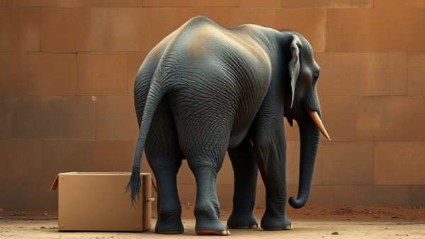 Young elephant exploring a box in a snowy area, related to Houston Zoo Animal Predictions.