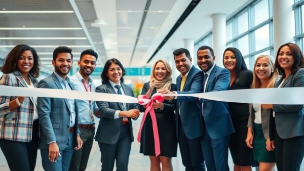 Austin Airport Expansion ribbon-cutting ceremony with smiling group.
