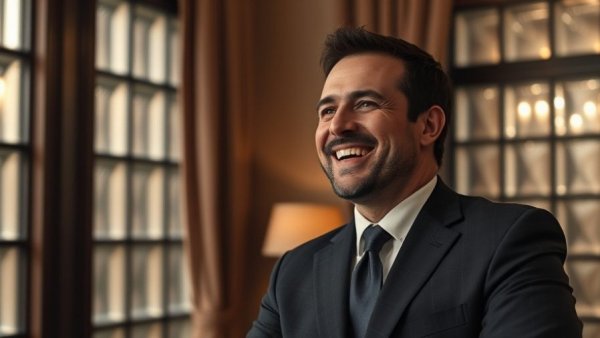 Man smiling indoors, warm lighting scene