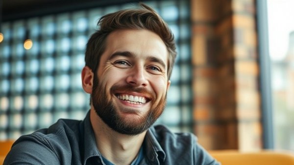 Smiling man indoors, glass block wall background, candid photo.