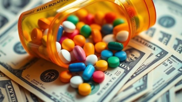 Pills in a prescription bottle on hundred-dollar bills illustrating HHS scraps 340B rebate pilot.