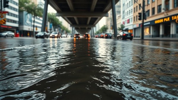 Harris County flood warning system cost displayed over a flooded street scene.