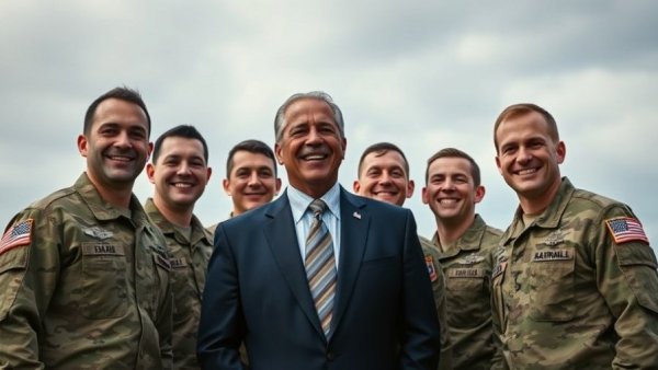National Guard soldiers group photo with suited man smiling.