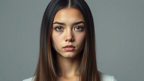 Serious woman close-up against a plain background.