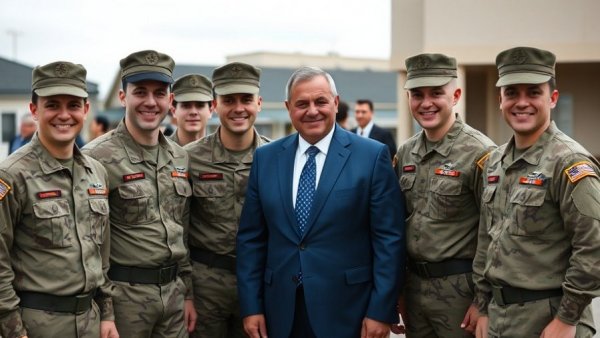 National Guard members pose with man in suit for Purple Heart for National Guard members.