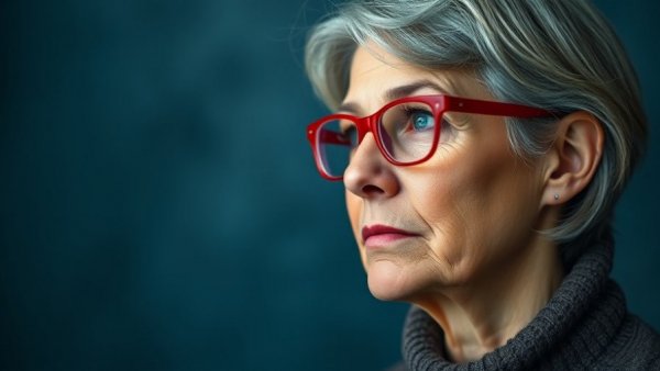 Woman in red glasses pondering the Safe Cloud Storage Act.