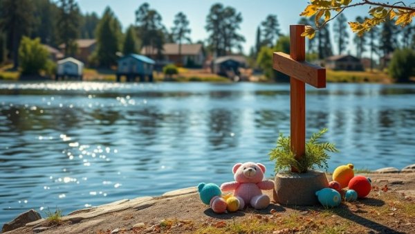 Texas summer camp safety memorial by the lake with toys and cross.