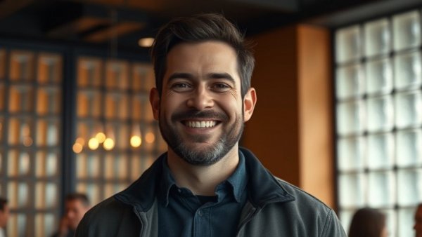 Smiling man in suit at indoor event with warm lighting.