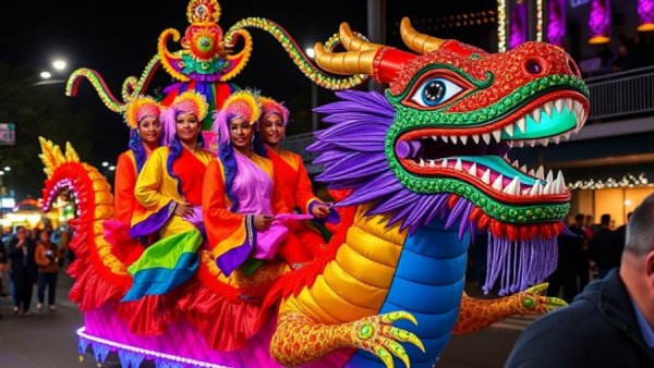 Mardi Gras Galveston 2023 dragon float with revelers celebrating.