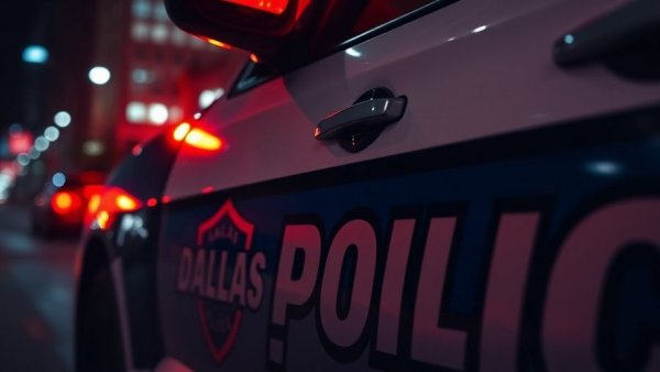 Dallas police car with emergency lights at night, Dallas news crime context.