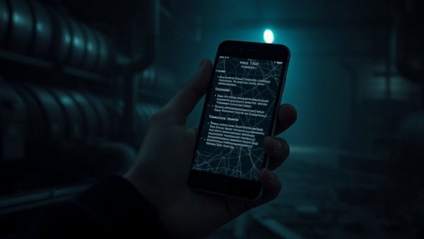 Dimly lit hand with cracked phone in scam factory setting.