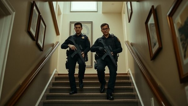 Two officers descending stairs in residential setting, San Antonio news.