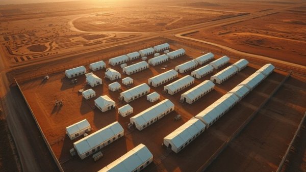 Aerial view of detention facility with white tents amid desert.
