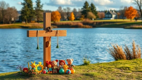 Lakeside memorial in Texas, wooden cross and toys, sunny autumn day.