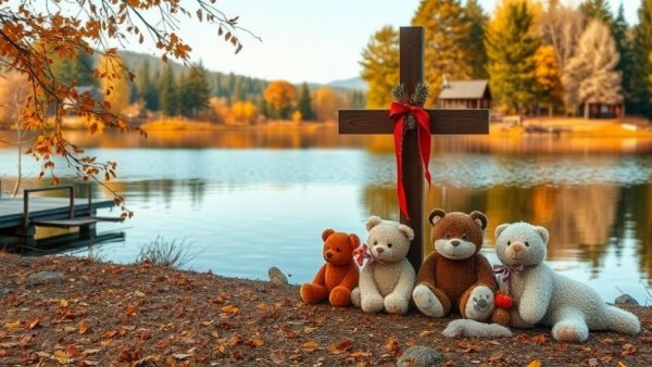 Peaceful lakeside scene with memorial cross at Texas Camp Mystic